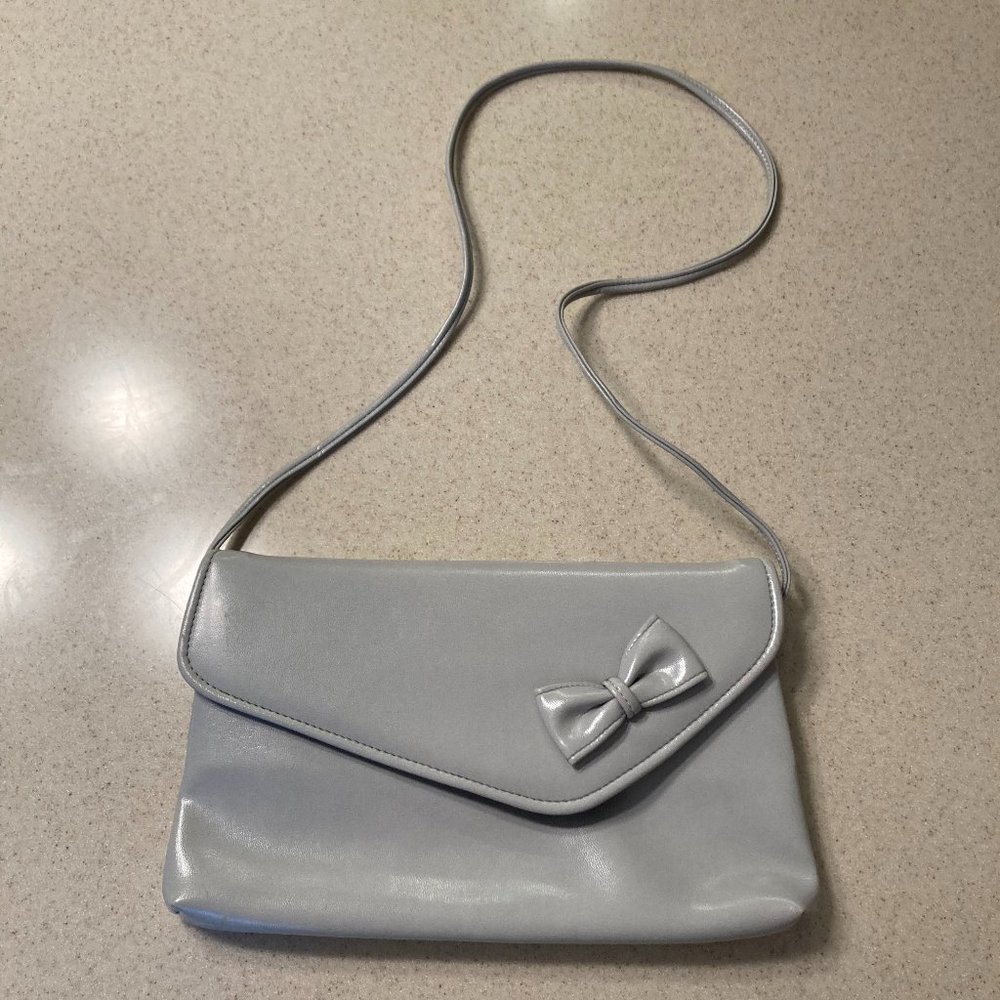 Vintage ~ Gray Envelope Clutch Bag with Bow Embellishment and Crossbody Strap